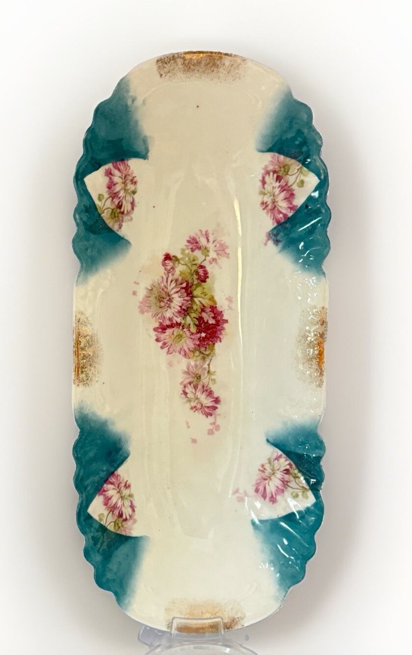 Antique 1900’s RS Prussia Pink Daisies Floral Turquoise Celery Dish 12”